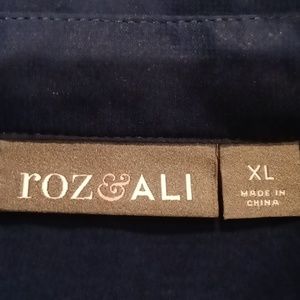 ROZ & ALI navy multi-colored floral print blouse w butterflies tie-up hem Sz XL